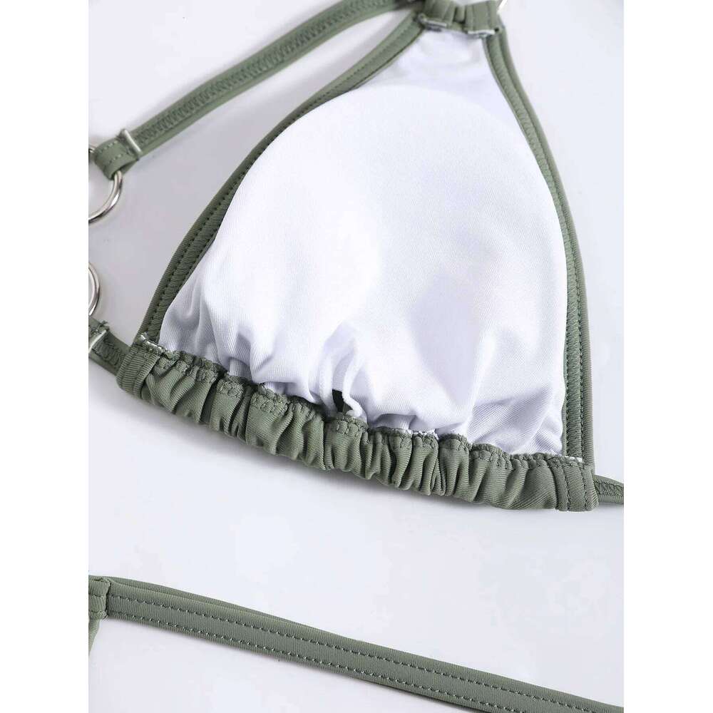 sexy army green push up ring bikinis sets two pieces high waist padded bathing suit beach wear women thong bikini swimsuits C260207