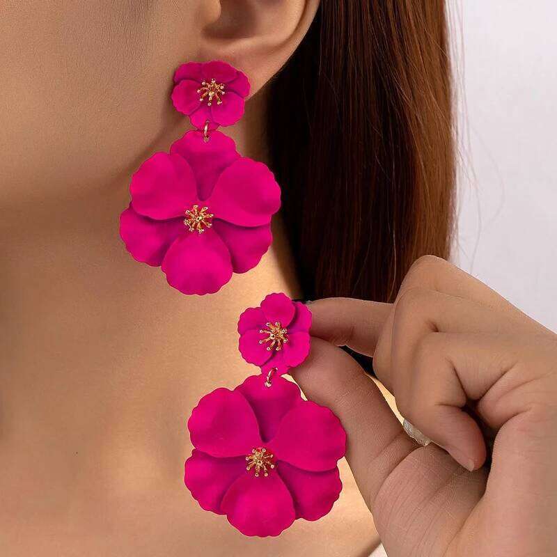 Women Drop Gold Plating White Fuchsia Spray Big Flower Dangle Holiday Bridal Earrings Yuansiqi