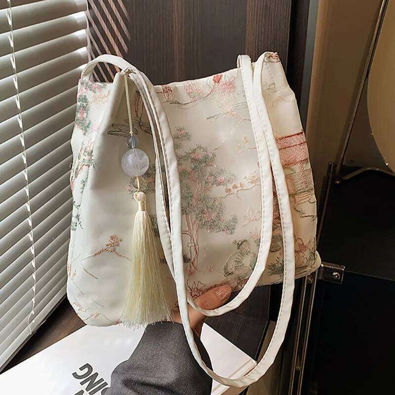 New Chinese Style Shoulder Retro Silk Tassel Bucket Bag Fashion Handbag Large Capacity Women's Casual Crossbody Bags