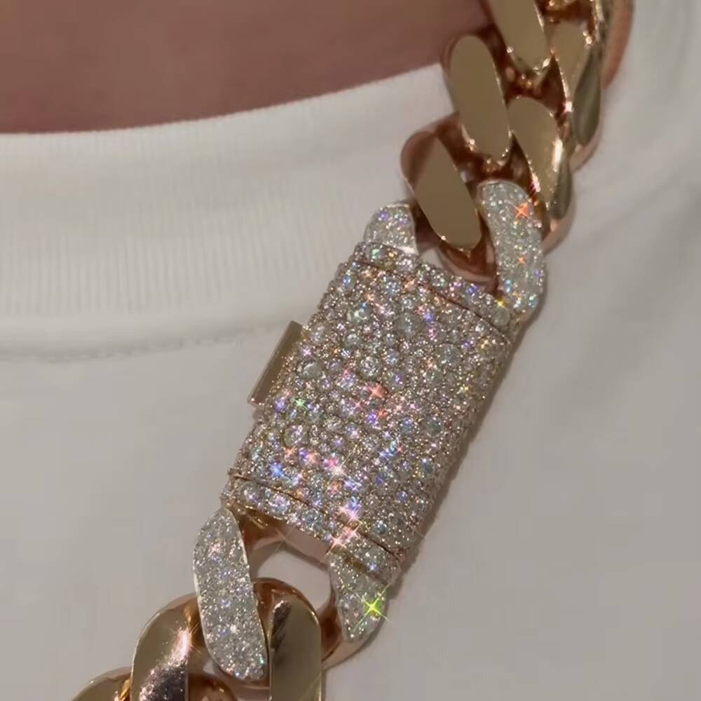 Custom Moissanite Mosaic Lock Gold Plated 22MM Wide Miami Cuban Link Chain Solid Silver Men Chain Cuban Chain Necklace Jewelry