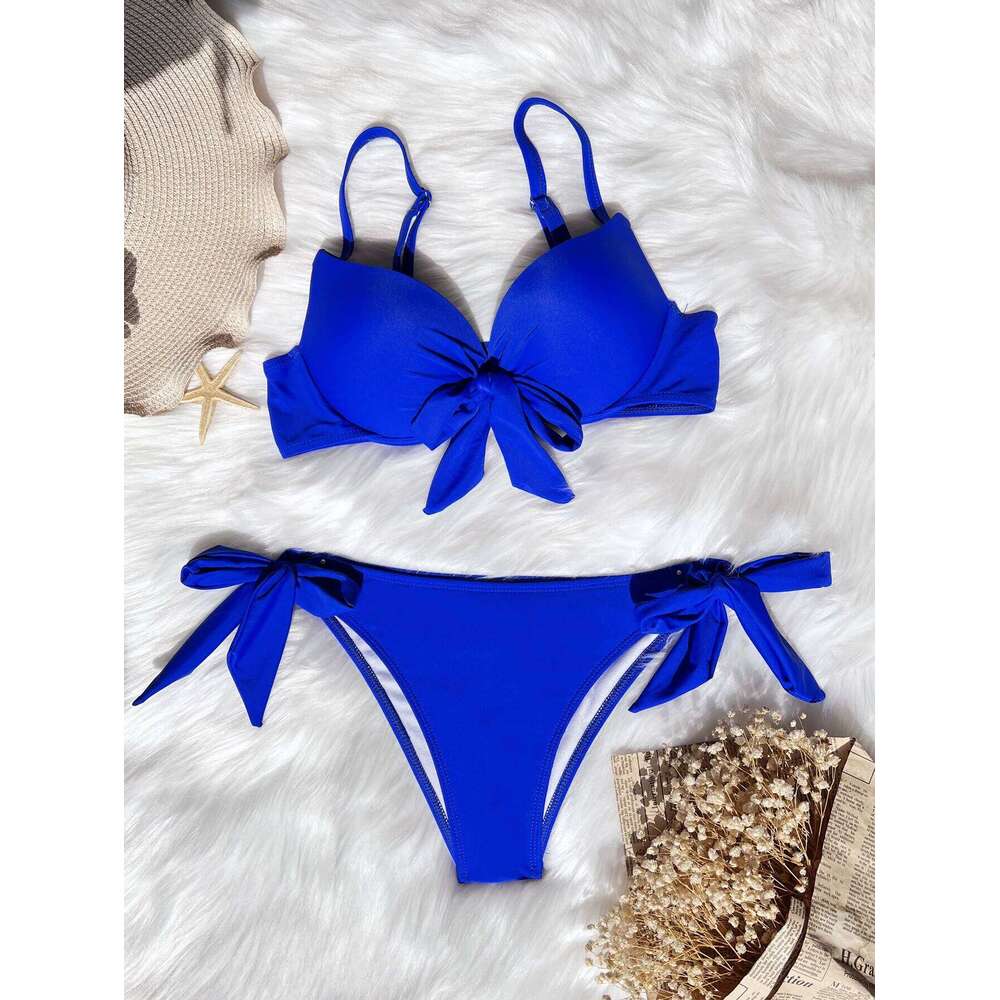 sexy front bow knot push up bikinis two pieces solid tie swimsuit Swimwear Biquini conjunto de bikini tankini C260207