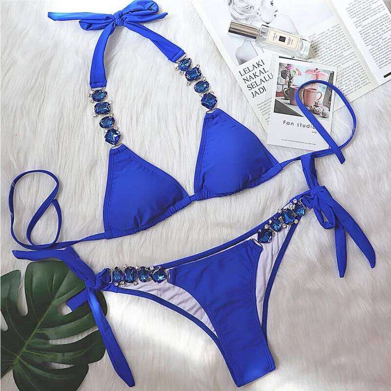 Red Rhinestones Sexy Bikinis 2026 Women Swimwear Female Swimsuit Swim Wear Bathing Suits Brazilian Bikini Set Beach Pool Bather C260207