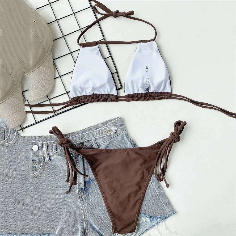 Sexy Brown String Halter Micro Thong Bikinis Sets Lace-up Swimsuit Hollow Out Swimwear Women 2026 Biquinis Bathing Suit Bikini C260207