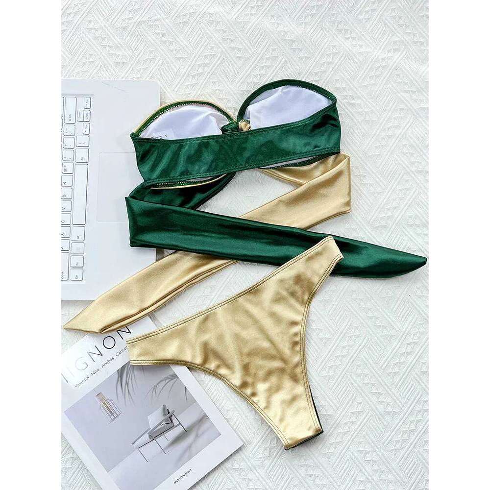 Splicing Strapless Bandeau Female Swimsuit Women Swimwear Two-pieces Bikini Set Metal Rings Bathing Suit Swim Beach Wear C260207