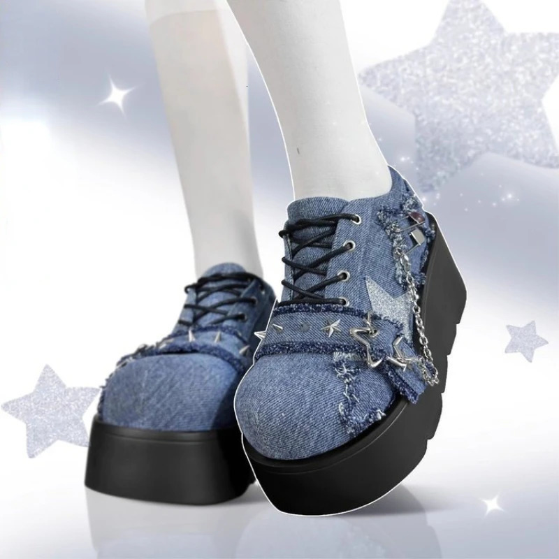 Punk Metal Chain y Platform Ankle Boot 2025 Autumn Y2K Thick Bottom Denim Boots Woman Black Gothic Lolita Shoes 260208