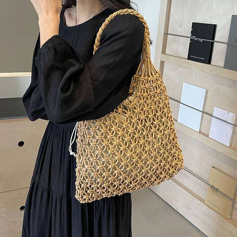 Summer Handmade Knitted Boho Shoulder Bag Large Woven Tote Beach Hollow out Women Handbags Stylish Shopping Carrier C260207