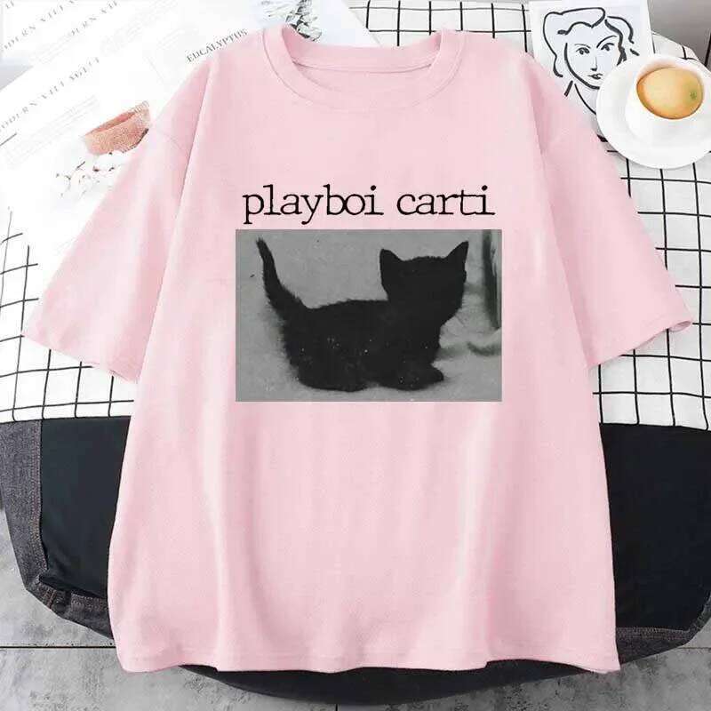 Summer Playboi Carti Oversized Hip-Hop Shirts Cute Cat Harajuku Print Regular Mens Tops Quality Rapper T Shirt Jogging Tee C260207