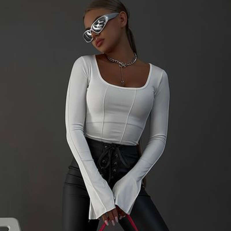 European and American women's fashion Amazon new square-neck pullover slim-fit long-sleeve knitted top T-shirt for hot girls