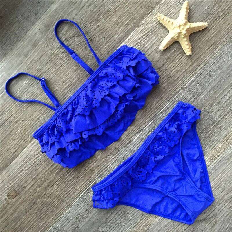 Girl Biquini Bathing Suit Teenagers Solid 2 Pieces Swimwear For Children Split Bikinis Set Kids Hollow Swimsuit Tankini C260207