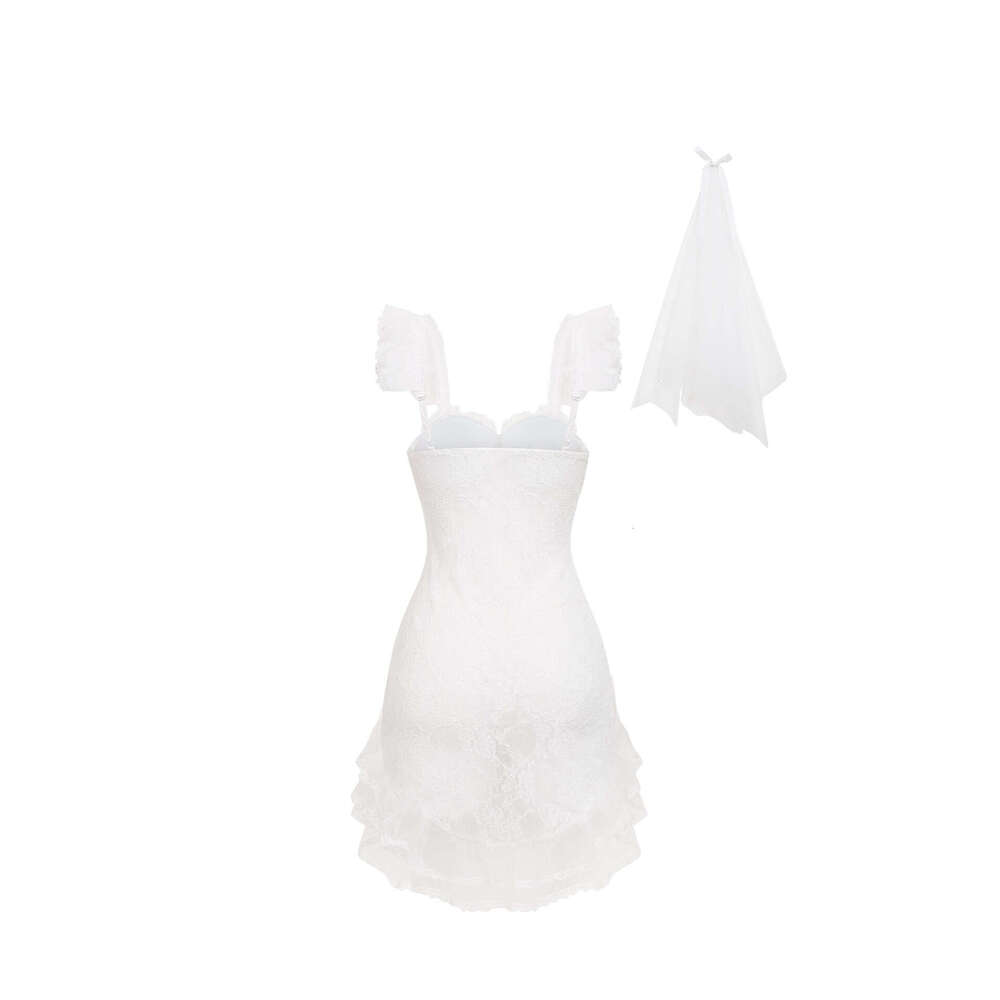 Elegant White Bridal Lace Nightdress Women Sheer Wedding Nightgown with Built-in Bra & Veil, Romantic & Sexy Lingerie for Honeymoon & Special Moments