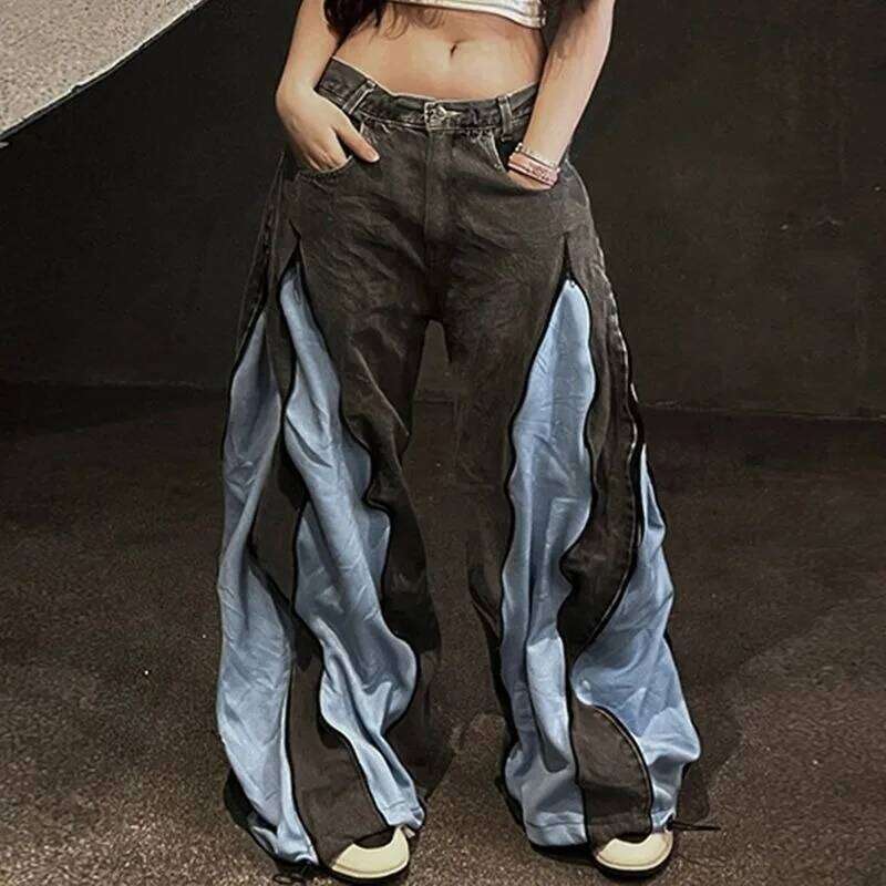 American Street Color Stitching Washed Jeans Female Y2K Harajuku Hip Hop Popular Baggy Slim Spice Girl Wide-leg Mop Pants