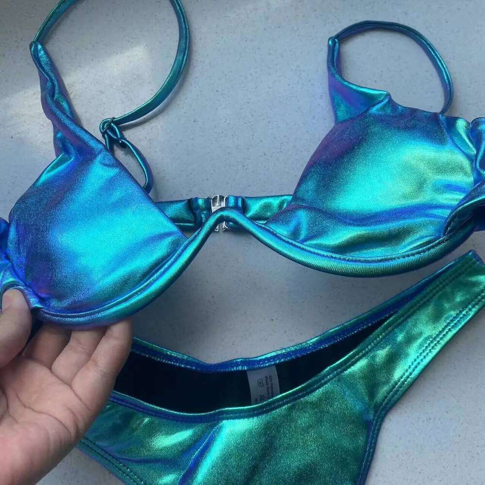 Sexy Triangle Bikini 2022 holographic Blue Push Up Extreme Thong Swimwear Brazilian Bandage Bathing Suit Swimsuit Micro Biquini C260207