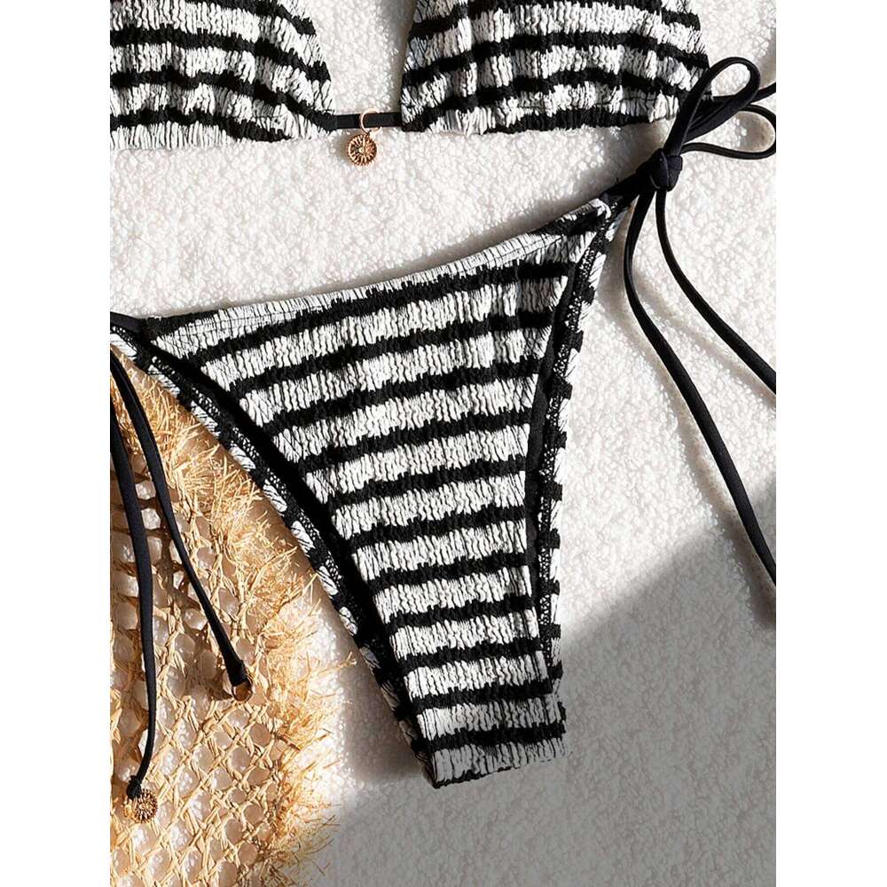 Ladies' striped and water ripple split sexy SexHy bikini swimsuit color blocking fashion high-end hot spring par C260207