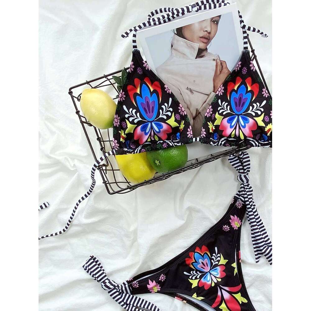 sexy gothic print black triangle set separate high waist thong Swimwear Biquini conjunto de bikini tankini beachwear C260207
