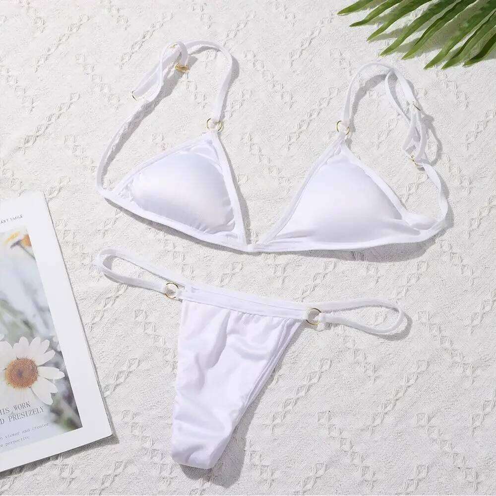 New Ladies Sexy Solid Color Sling Backless Bikini Set Metal Decorated Brazilian Beach Vacation Split Swimwear C260207