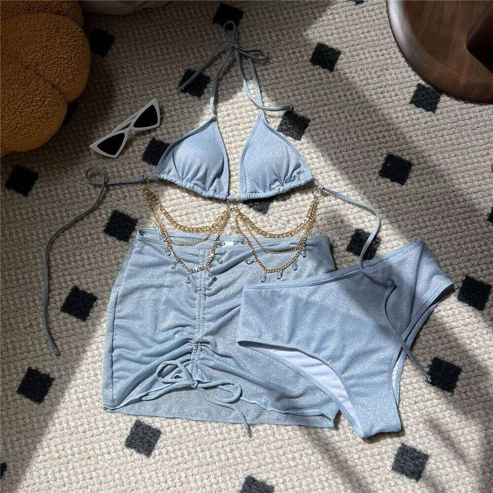 Shiny Blue String Halter Triangle 3 Piece High Waisted Bikini Set Swimwear Skirt Cover Up Rhinestone Chaining Swimsuit Beachwear C260207