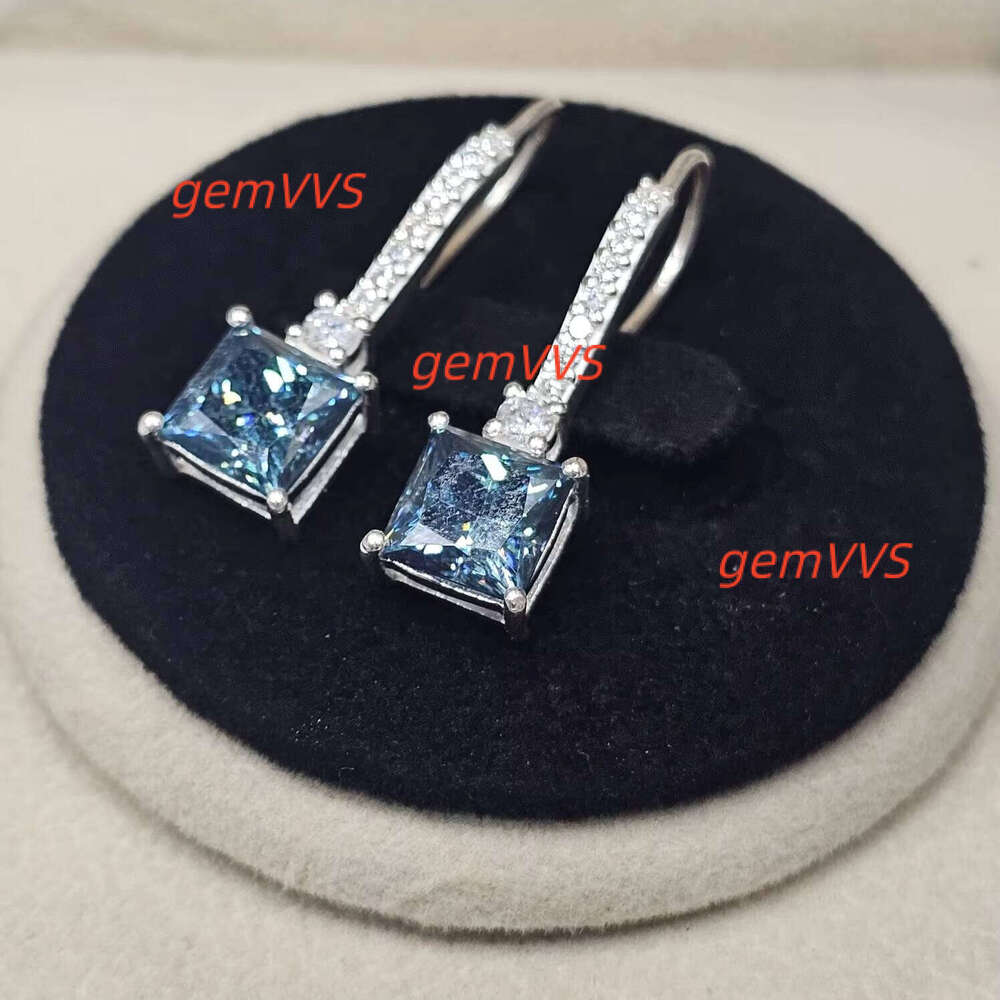 Original Fine Earrings 925 Sterling Silver Excellent Quality Latest Trendy Square Cut Blue Coated Moissanite Gemstone