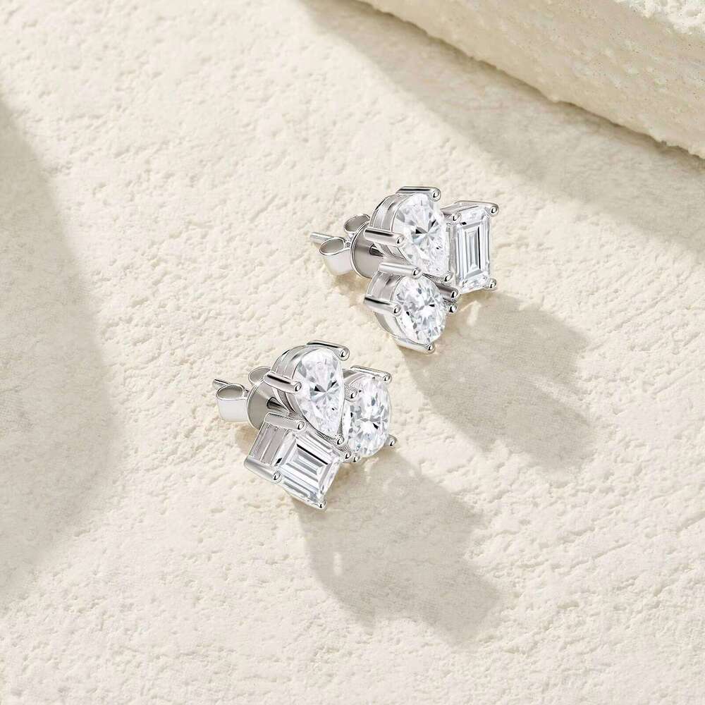 S925 Moissanite Irregular-Shaped Stud Multi-Layer Electroplated White Gold Fashionable Light Luxury High-End Earrings