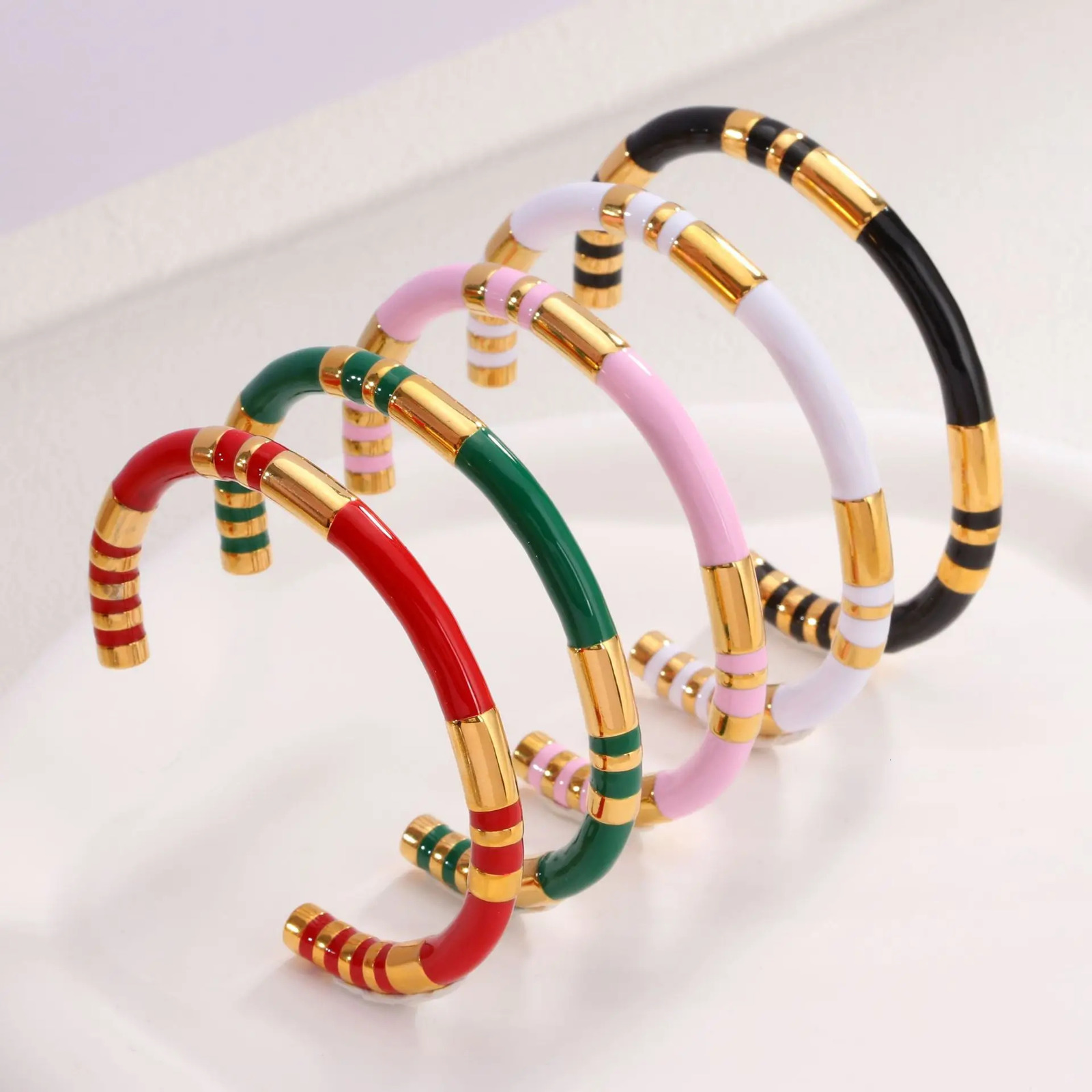 CARLIDANA Stainless Steel Enamel Spliced Open Bracelet Set High-End Wrist Jewelry Collection with Waterproof and Retro 260202