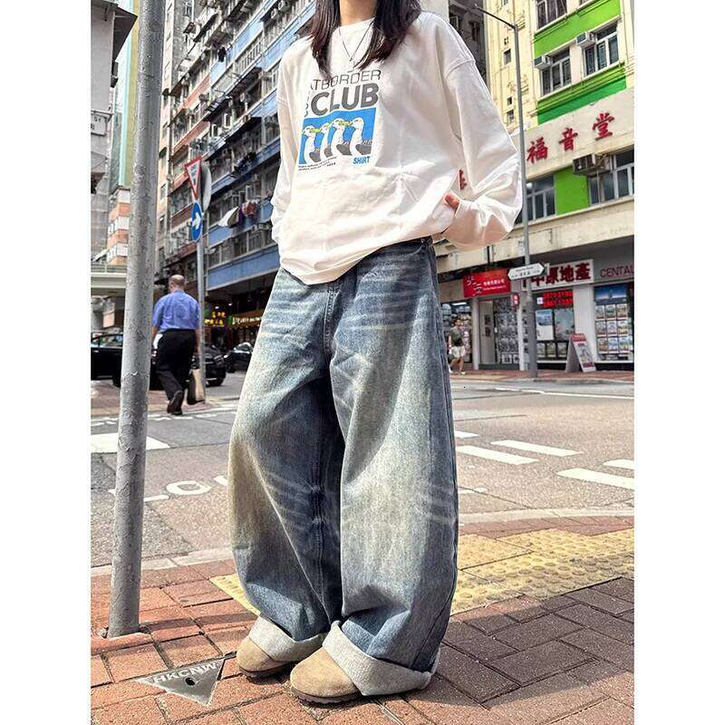 Women's Blue Y2k Oversize Harajuku Vintage Wide Leg Denim Trousers American Retro 2000s Style Boyfriend Jeans Pants Autumn