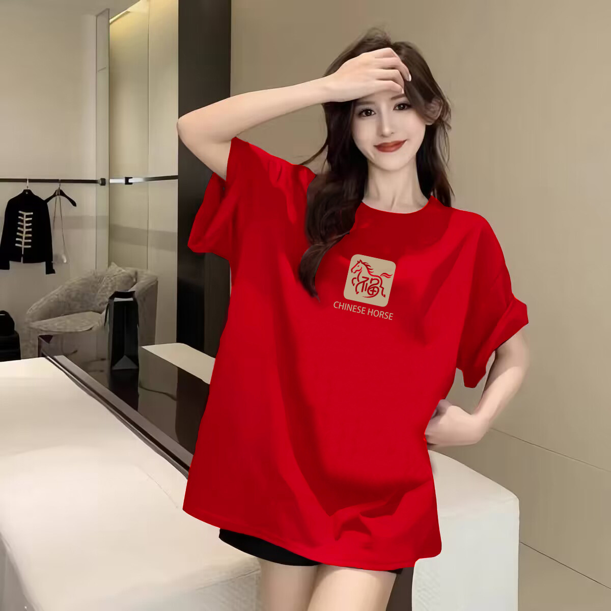 Women's T-Shirt Soft Stretchy Lucky Horse Print T-Shirt 2026 Red & Golden Lettering Round Neck Short Sleeve Casual Top