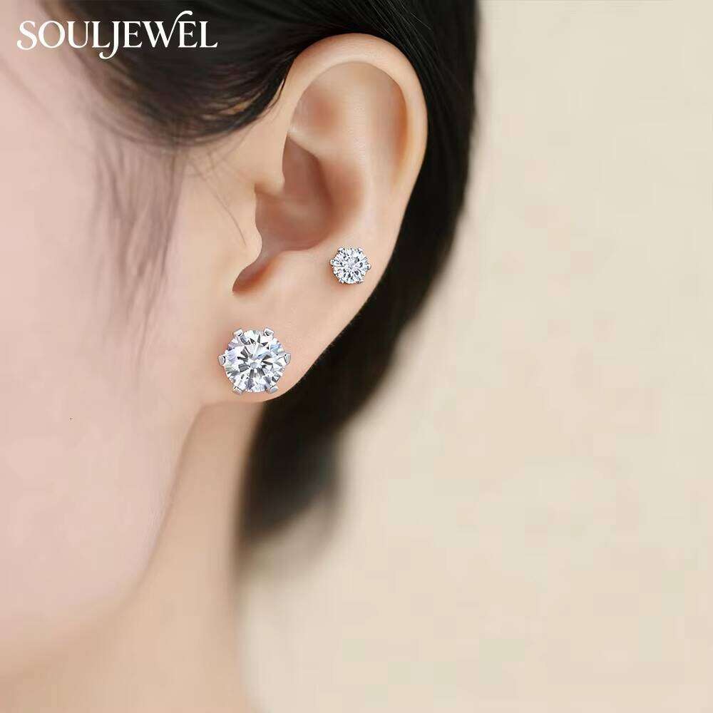 925 Sterling Silver Rhodium Plated Moissanite Solitaire Stud Earrings Sculpted Six Claw Flower Setting GRA Certified Women's