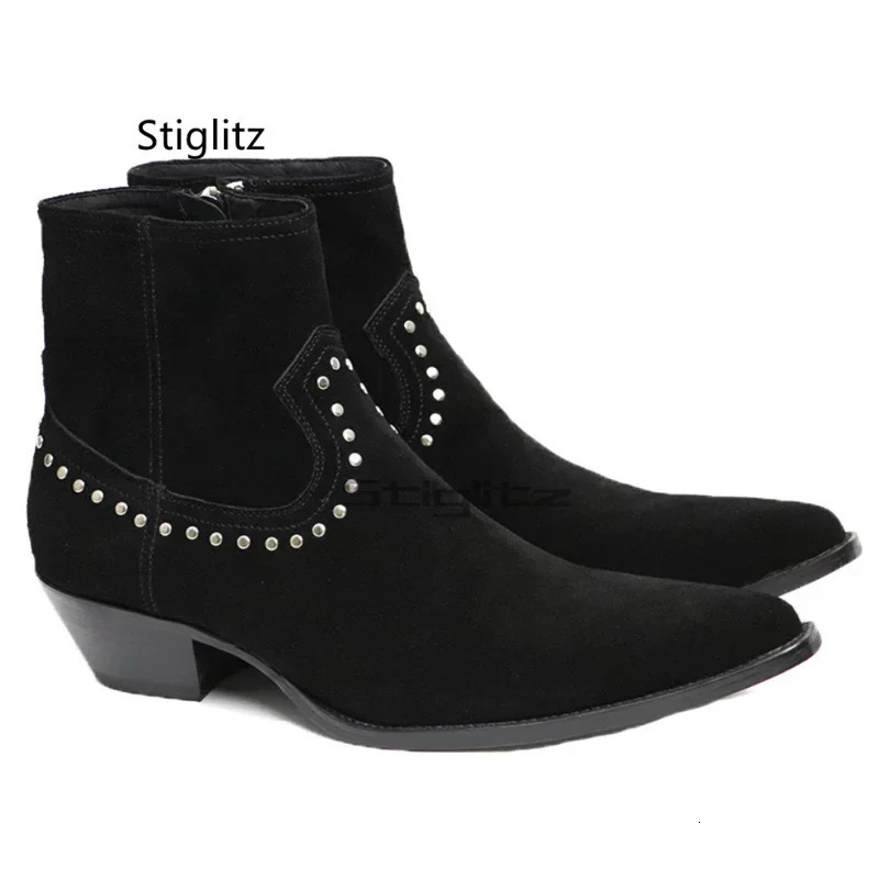 Riveted Cowboy Chelsea Boots for Men Brown Black Side Zipper Mens British Style Suede Leather Ankle Shoes Botas 260208