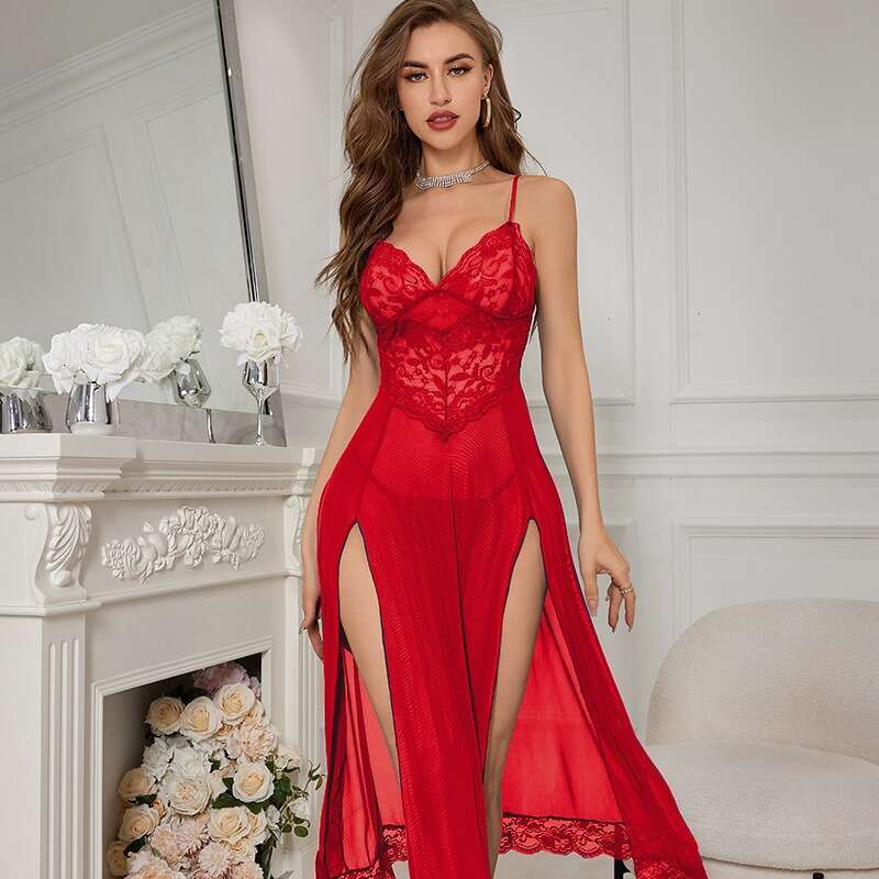 Elegant Long Lace Nightgown Women Deep V Neck Sheer Sleep Dress with High Side Slit & Train, Romantic & Seductive Lingerie for Special Moments