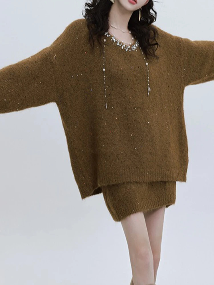 Aoaiiys Skirt Sets Women Diamond Pearls Decor Sweaters Knitwear Two-piece Short Skirt Set Winter Two Piece Sets Womens Outifits 260122