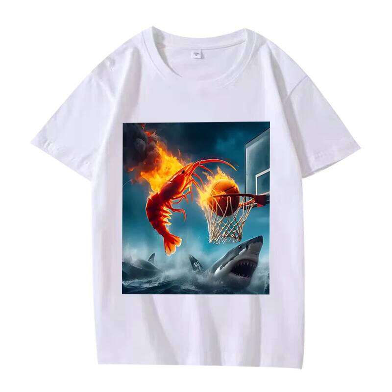 Shrimp Dunking on Shark Graphic Tee Retro Fishing Meme TShirt Women Short Sleeve Tops Aesthetic Clothes Summer Streetwear C260207