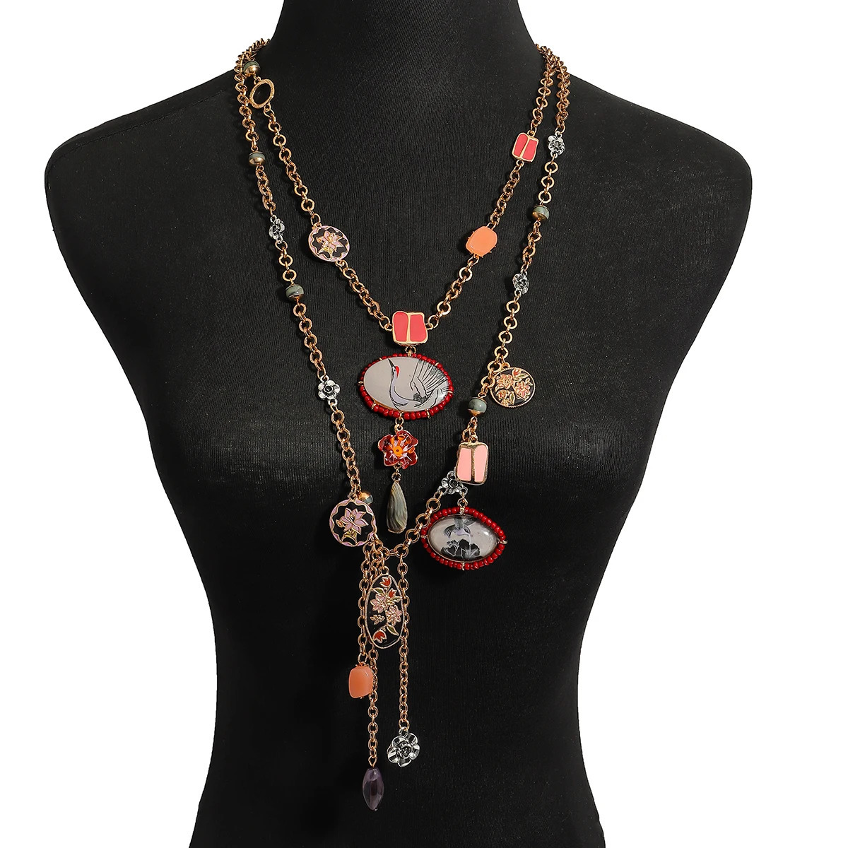 ZAA Multi-layered Painted Flowers and Cranes Ancient Style Pendant Necklace Geometric Tassel Necklace Neck Accessories 260107
