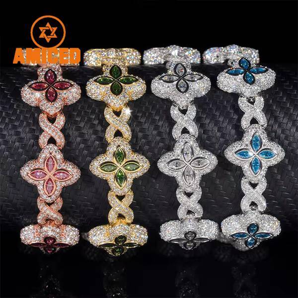 New Stocks Pass Diamond Tester Silver 925 Gold Plated Hip Hop Jewelry Custom Colored Moissanite Clover Cuban Bracelet 15mm