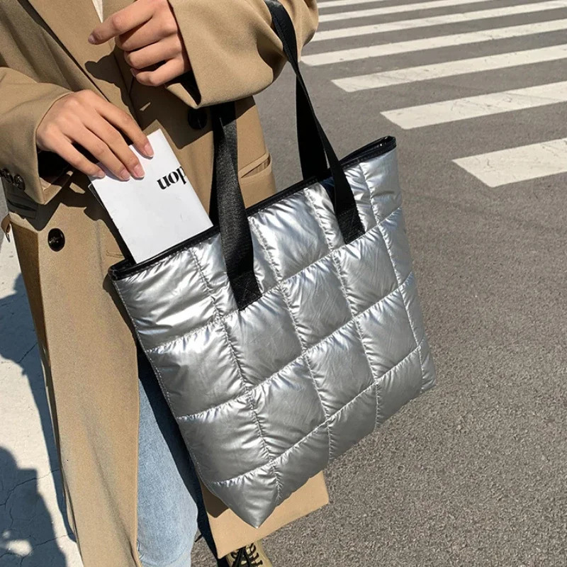 Fashion Large Tote Padded Handbags Autumn Quilted Women Shoulder Bags PU Down Cotton Thread Crossbody Bag Winter Bag260128