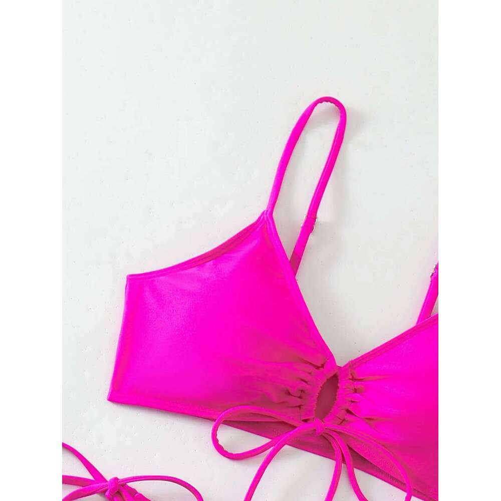 sexy rose red drawstring halter string bikinis sets two pieces tie padded thong swimwear female bathing suit biquini tankini C260207