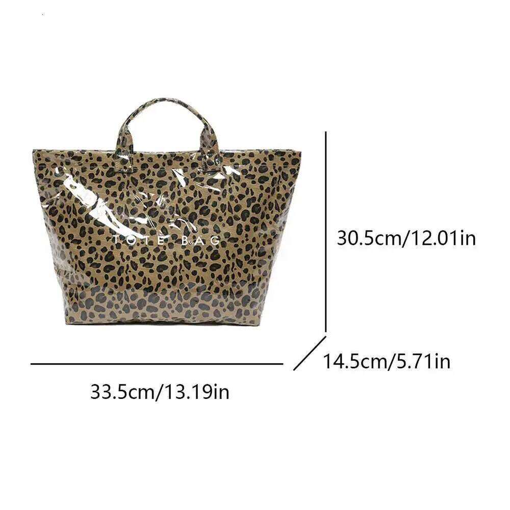 PVC For Women's Letters Leopard Print Large Kraft Paper Tote Carry All Bag Top Handle Clear Hobo Handbag C260207