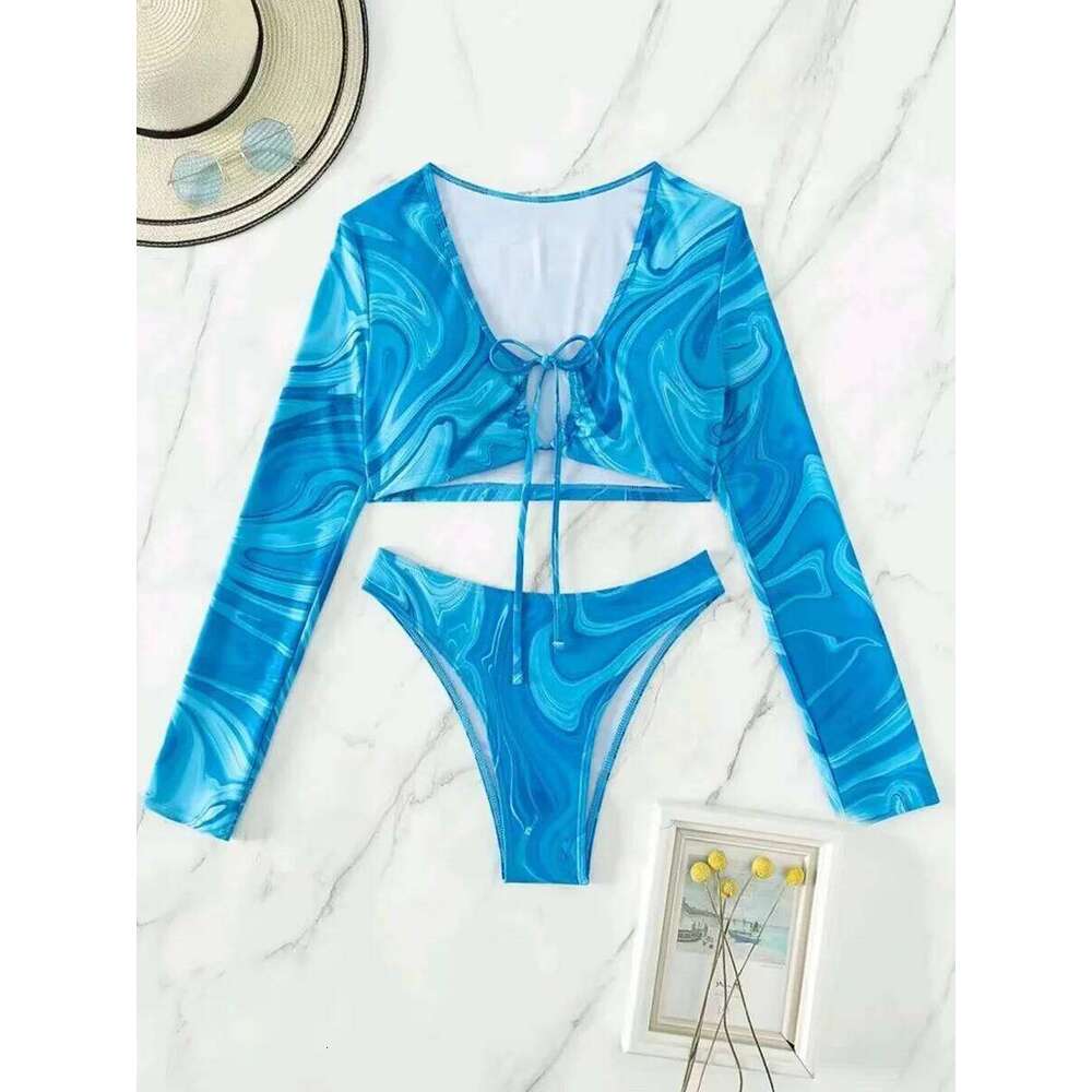 2025 Hollow Out String Long Sleeve 2 Piece Bikini Women Swimwear Female Swimsuit Bathers Bathing Swimming Suit Beachwear Summer C260207