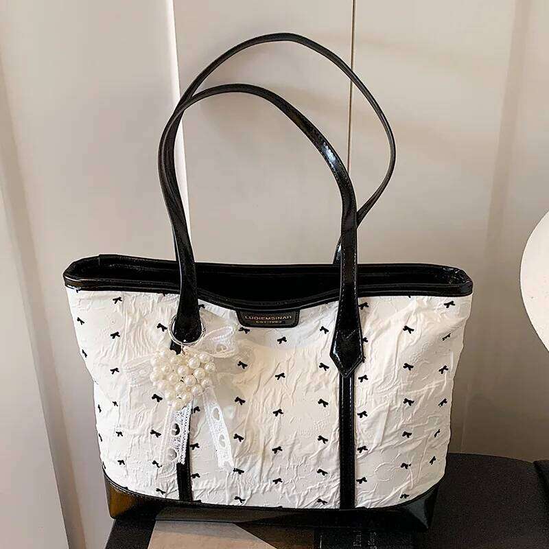 Korean Style Pink Bow Tote for Girls 2025 Large Capacity Shopper Versatile Commuter Casual Shoulder Bag Trendy Minimalist C260207