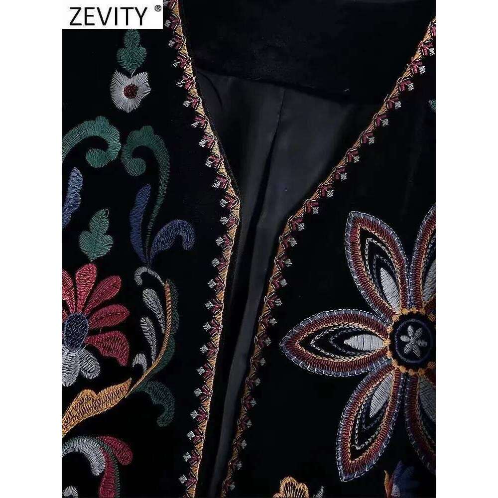 Zevity Women Vintage Flower Embroidery National Style Short Coat Ladies Retro Open Stitching Casual Velvet Jacket Tops Ct100