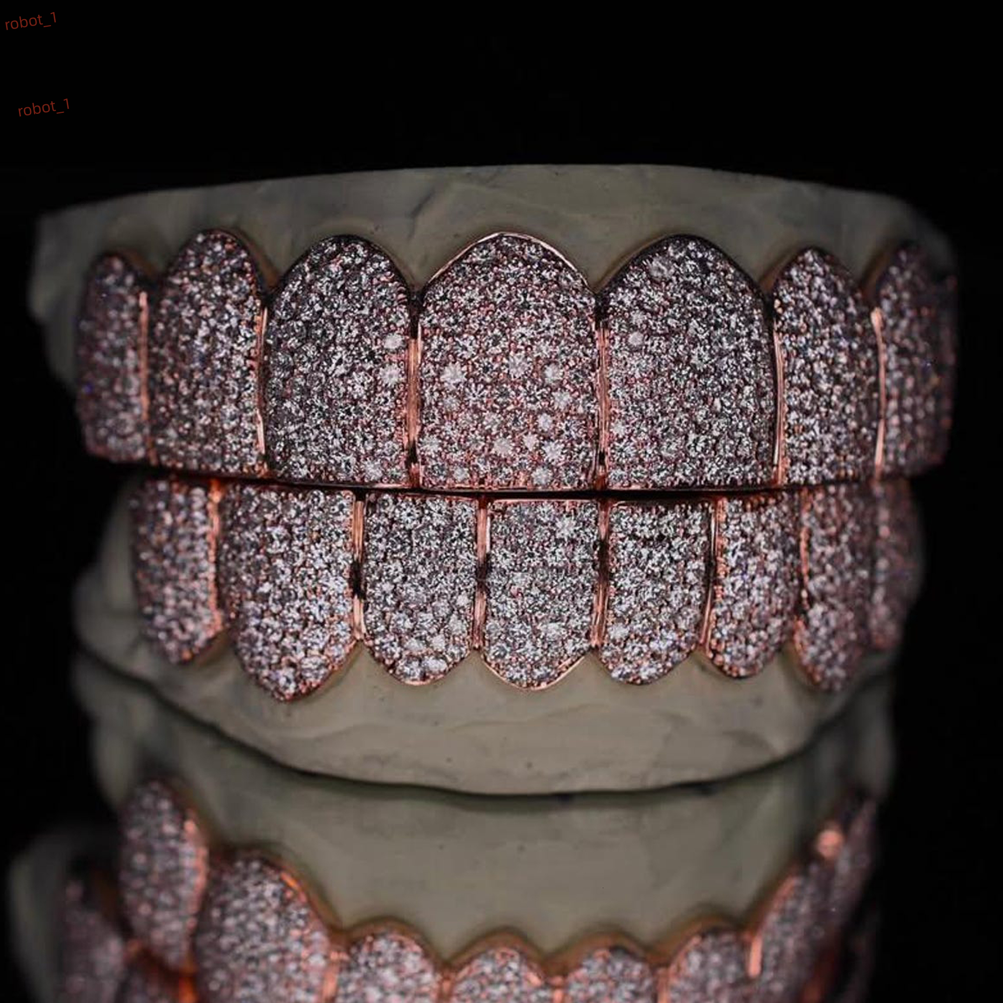 Custom Rose Gold Full Set Iced Out Diamond Grillz for Top and Bottom Teeth VVS1 Simulated Stones Hip Hop Mouthpiece Jewelry