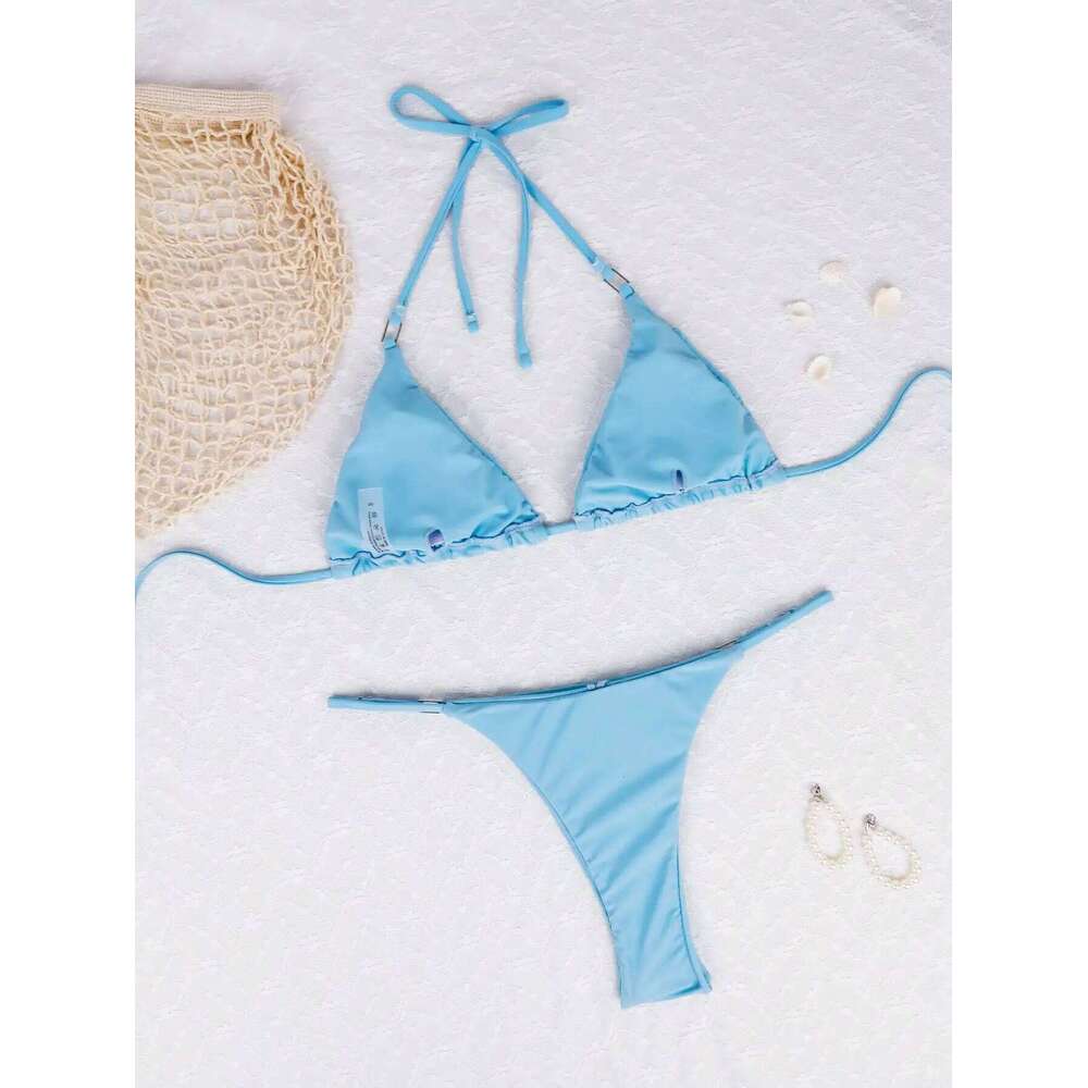 2025 Women's Sexy Blue Triangle Bikini Set High Cut Thong Bottoms Adjustable Straps - Perfect for Beach and Pool Parties C260207