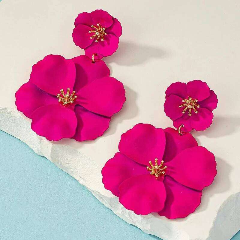 Women Drop Gold Plating White Fuchsia Spray Big Flower Dangle Holiday Bridal Earrings Yuansiqi
