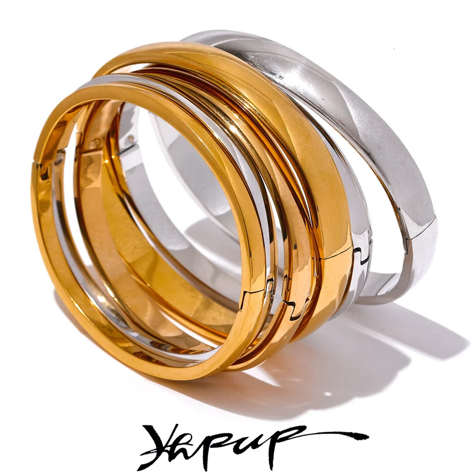 Yhpup 60mm Waterproof 316L Stainless Steel Round Smooth Bracelet Bangle Women Minimalist 18k Gold Color Texture Charm Jewelry 260202