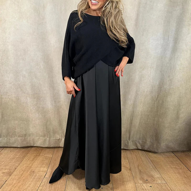 Fashionable Cross Tops Patchwork Satin Dress Two Piece Dresses Women Elegant O Neck Half Sleeve Loose Boho Long Mujer 260127
