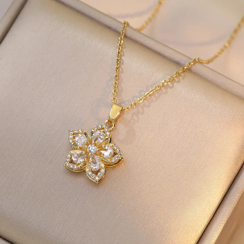 OIMG 316L Stainless Steel Gold Plated Romantic Rotatable Flower Zirconia Pendant Necklace For Women Girls Charm y Jewelry 260206