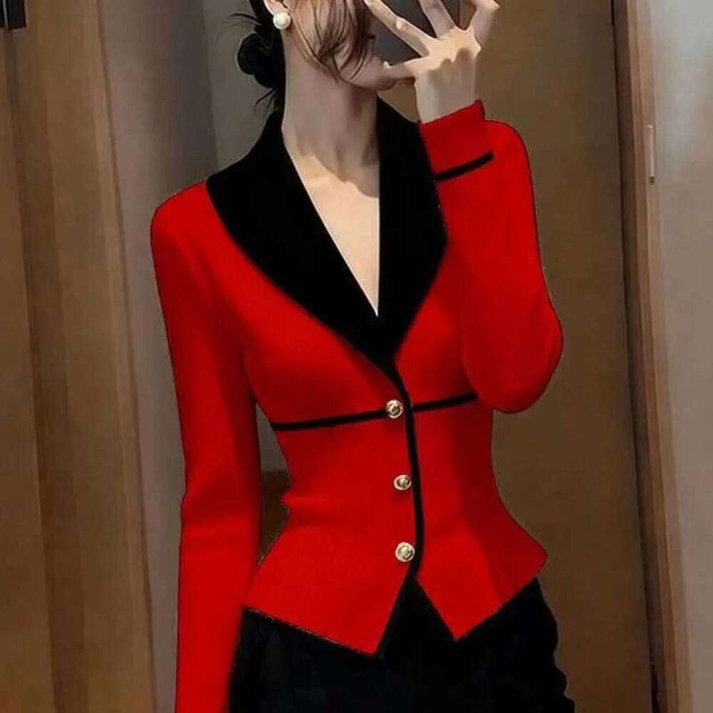 ZHE HAN V-Neck Knitted Suit Jacket Women's New Spring Autumn Fashion Color Matching Slim Cardigan Sweater