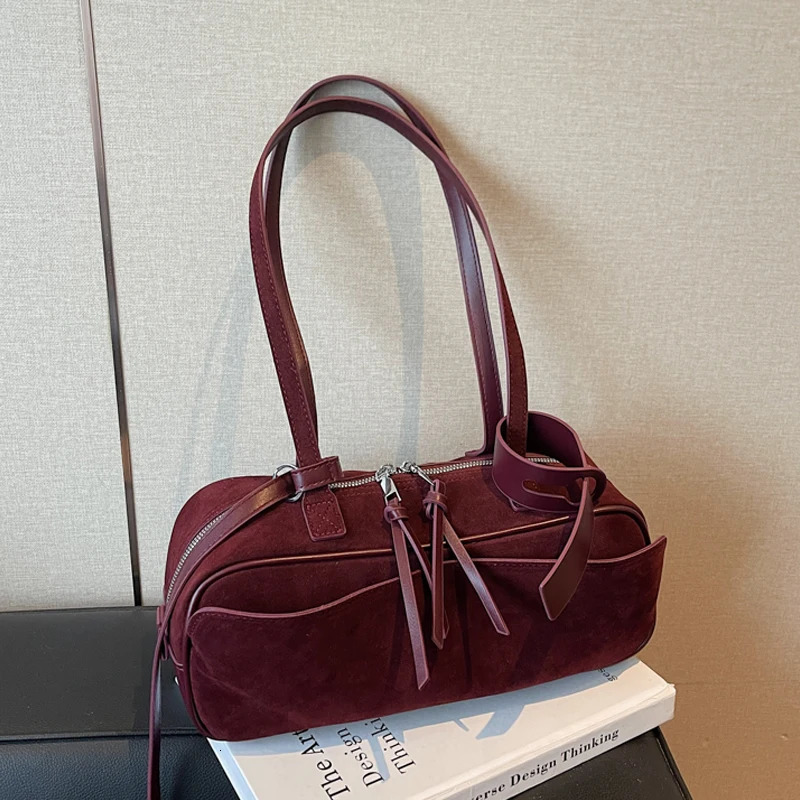 Retro Red Suede Wedding Shoulder Bag Women Versatile Underarm Bags Elegant Female Large Capacity Handbags 260123