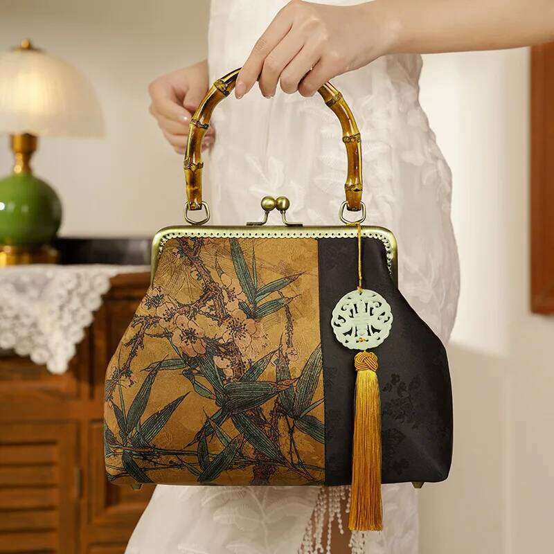 Fine Handmade Bamboo Handle Handbags Fashion Retro Print Chinese Style Cheongsam Evening For Women Chain Shoulder Bags