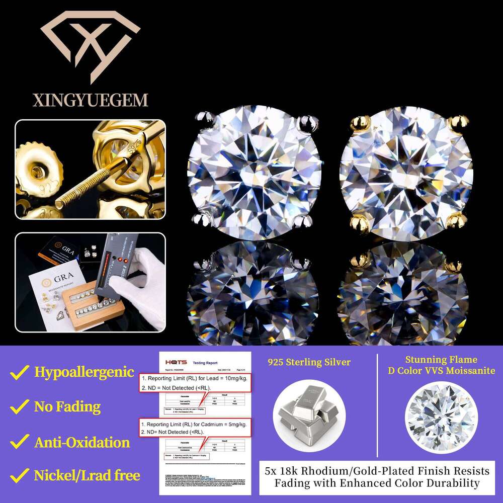 Factory Wholesale In Stock Diamond Moissanite Stud Earring Mossanite Hip Hop Fine Jewelry Real 925 Sterling Silver For Men Women