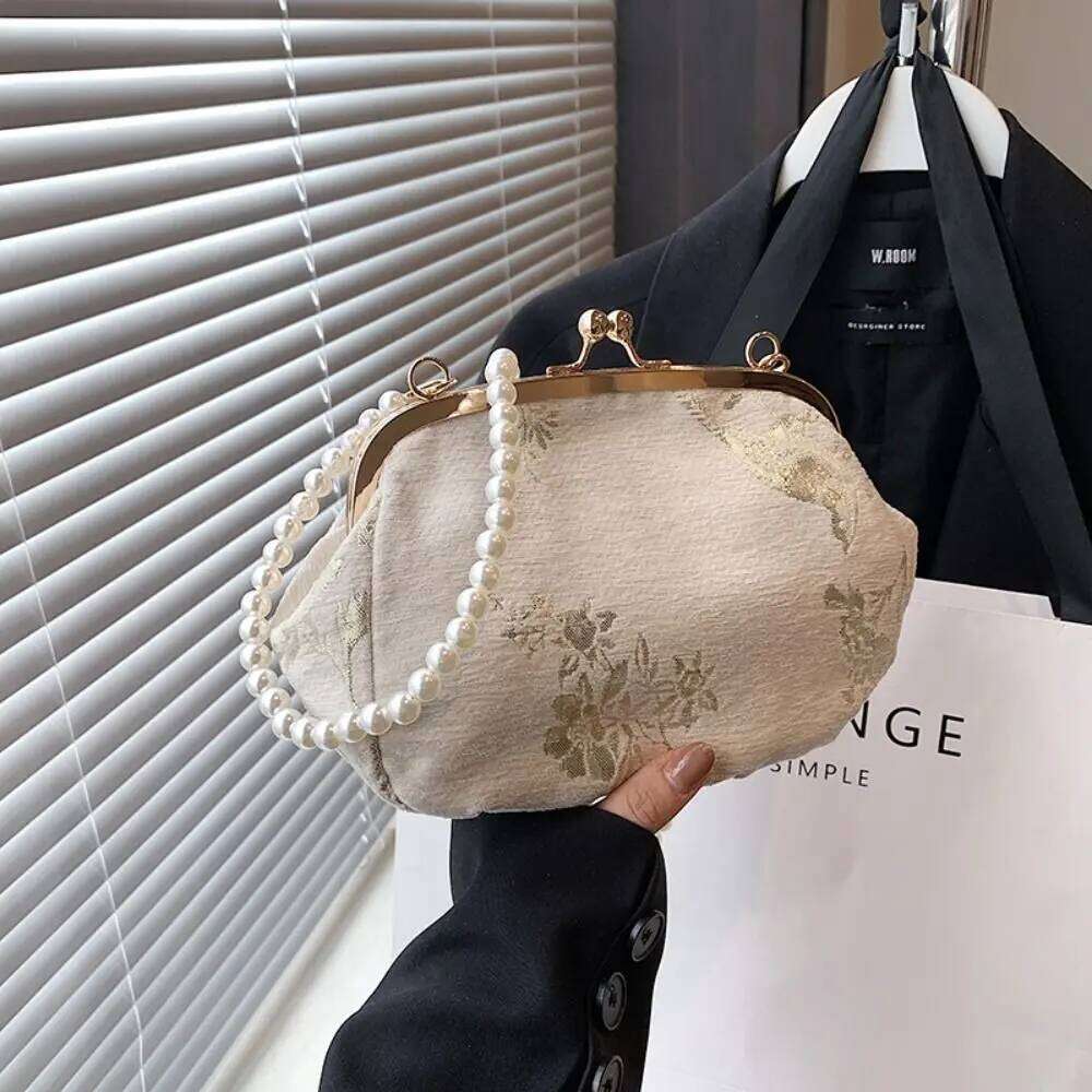 Portable Embroidered Chinese Style Pearl Chain Purses Hanfu Embroidery Handbag Canvas Shoulder Cheongsam Bag Party