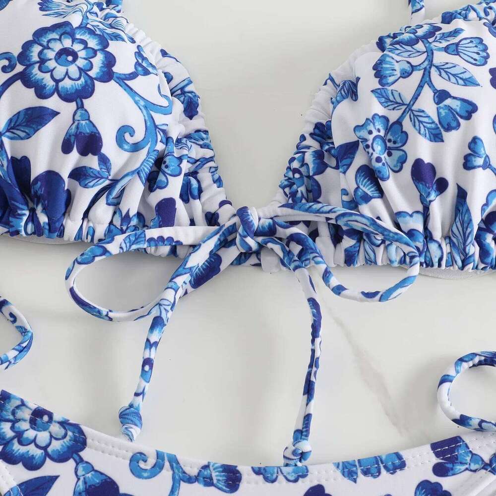 sexy floral print micro blue and white porcelain swimwear swimsuit women biquini thong bikini set bathing suits C260207